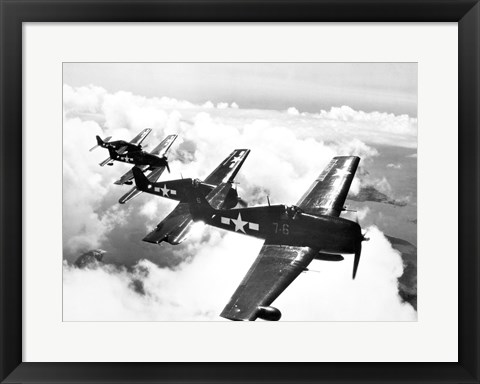 Framed High angle view of four fighter planes flying in formation, F6F Hellcat Print