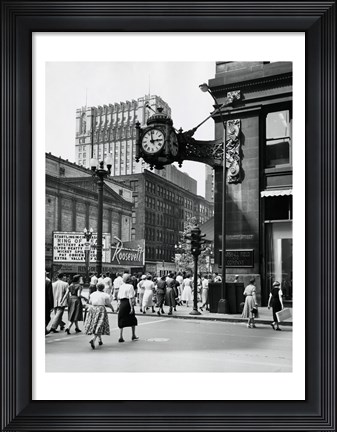 Framed Clock mounted on the wall of a building, Marshall Field Clock, Marshall Field and Company, Chicago, Illinois, USA Print