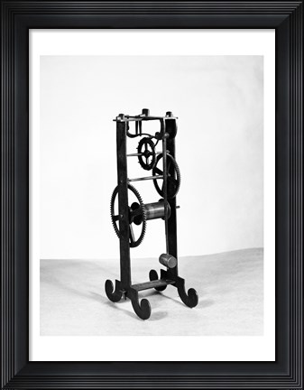 Framed Model of a pendulum clock designed by Galileo in 1642 and made by his son in 1649 Print