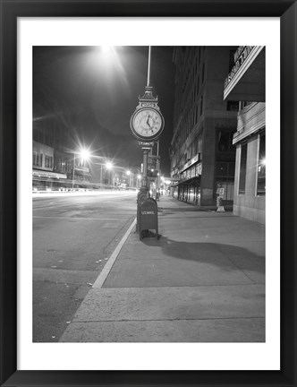 Framed Night view with street clock and mailbox Print