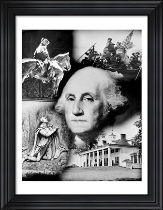 Framed George Washington&#39;s face superimposed over a montage of pictures depicting American history, USA Print