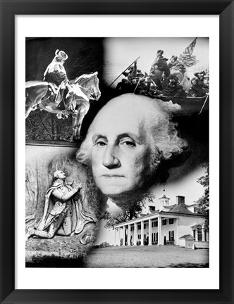 Framed George Washington&#39;s face superimposed over a montage of pictures depicting American history, USA Print