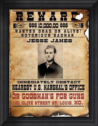 Framed Jesse James Wanted Poster Print