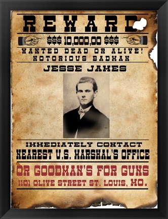 Framed Jesse James Wanted Poster Print