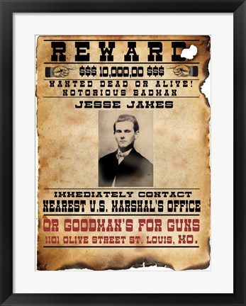 Framed Jesse James Wanted Poster Print