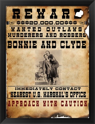 Framed Bonnie and Clyde Wanted Poster Print