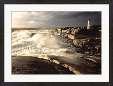 Framed Waves crashing against rocks, Peggy&#39;s Cove Lighthouse, Peggy&#39;s Cove, Nova Scotia, Canada Print