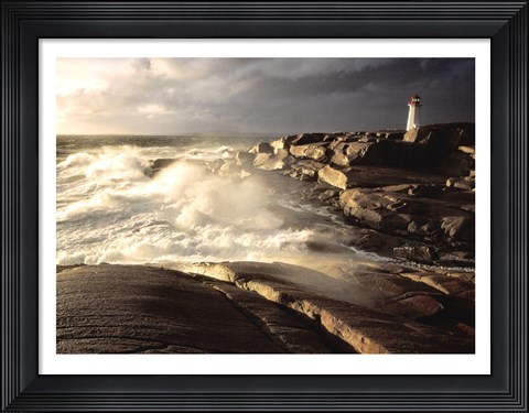 Framed Waves crashing against rocks, Peggy&#39;s Cove Lighthouse, Peggy&#39;s Cove, Nova Scotia, Canada Print