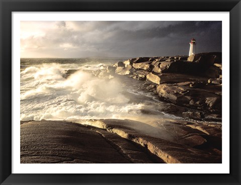 Framed Waves crashing against rocks, Peggy&#39;s Cove Lighthouse, Peggy&#39;s Cove, Nova Scotia, Canada Print