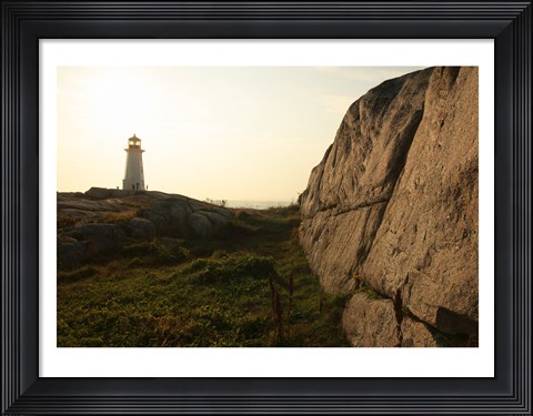 Framed Lighthouse on the beach at dusk, Peggy's Cove Lighthouse, Peggy's Cove, Nova Scotia, Canada Print