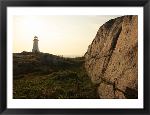 Framed Lighthouse on the beach at dusk, Peggy&#39;s Cove Lighthouse, Peggy&#39;s Cove, Nova Scotia, Canada Print