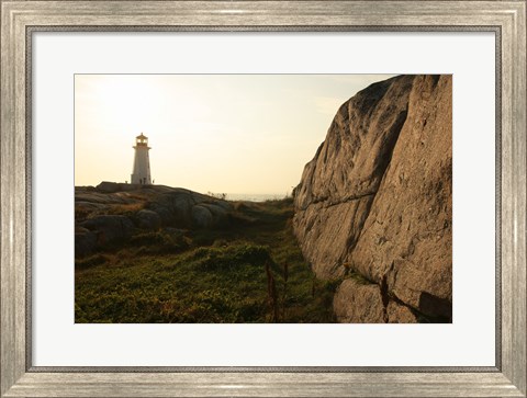 Framed Lighthouse on the beach at dusk, Peggy&#39;s Cove Lighthouse, Peggy&#39;s Cove, Nova Scotia, Canada Print