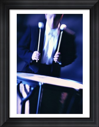 Framed Young Man Playing The Drums Black And White Print