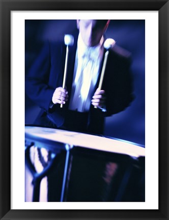 Framed Young Man Playing The Drums Black And White Print