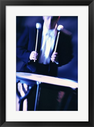 Framed Young Man Playing The Drums Black And White Print