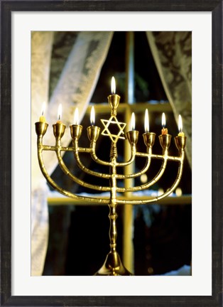 Framed Close-up Of Lit Candles On A Menorah And Window Print