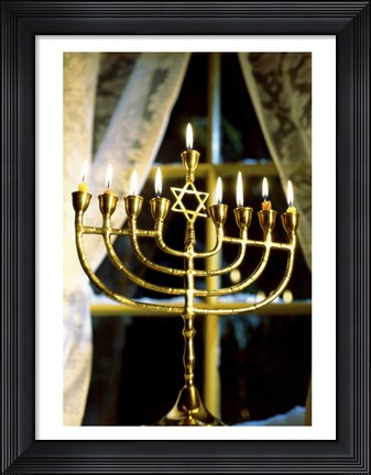 Framed Close-up Of Lit Candles On A Menorah And Window Print