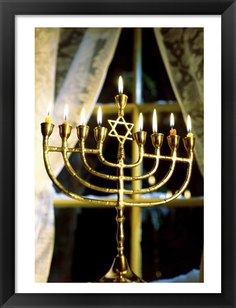 Framed Close-up Of Lit Candles On A Menorah And Window Print