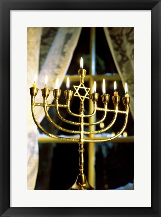 Framed Close-up Of Lit Candles On A Menorah And Window Print