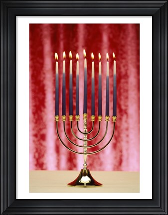 Framed Close-up Of Lit Candles On A Menorah On Red Print