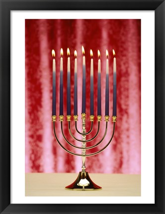 Framed Close-up Of Lit Candles On A Menorah On Red Print