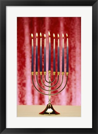 Framed Close-up Of Lit Candles On A Menorah On Red Print