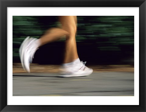 Framed Low Section View Of A Person Running In White Sneakers Print