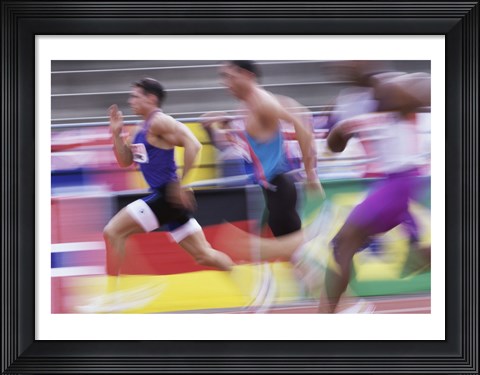 Framed Side profile of three men running on a running track Print