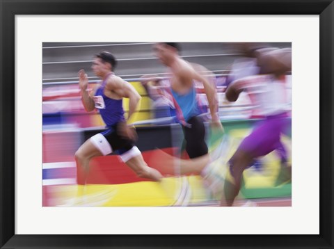 Framed Side profile of three men running on a running track Print