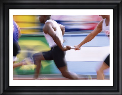 Framed Side profile of three men passing a relay baton Print