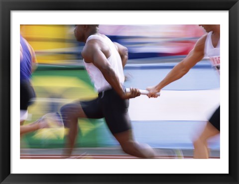 Framed Side profile of three men passing a relay baton Print