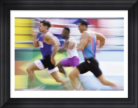 Framed Side profile of three men running on a track Print