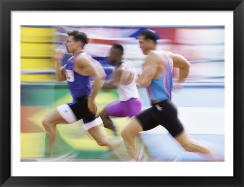 Framed Side profile of three men running on a track Print