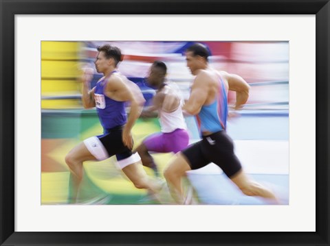 Framed Side profile of three men running on a track Print