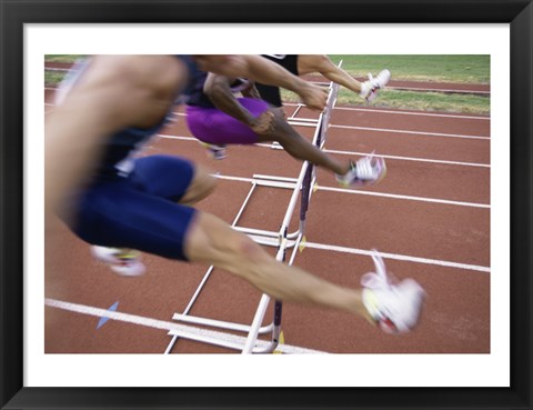 Framed Side profile of three people jumping a hurdle Print
