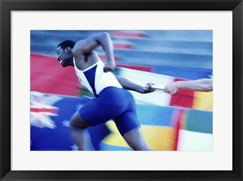 Framed Side profile of runners passing a baton in a relay race Print