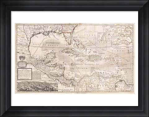 Framed 1732 Herman Moll Map of the West Indies, Florida, Mexico, and the Caribbean Print