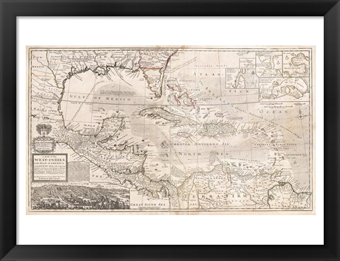 Framed 1732 Herman Moll Map of the West Indies, Florida, Mexico, and the Caribbean Print