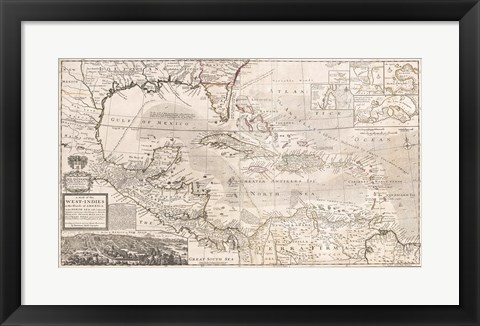 Framed 1732 Herman Moll Map of the West Indies, Florida, Mexico, and the Caribbean Print