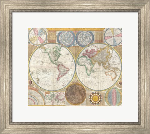 Framed 1794 Samuel Dunn Wall Map of the World in Hemispheres Print