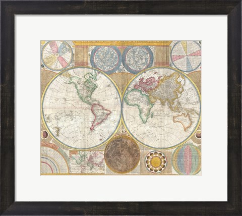 Framed 1794 Samuel Dunn Wall Map of the World in Hemispheres Print