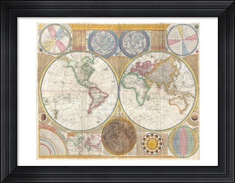 Framed 1794 Samuel Dunn Wall Map of the World in Hemispheres Print