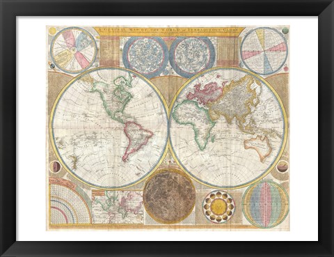 Framed 1794 Samuel Dunn Wall Map of the World in Hemispheres Print