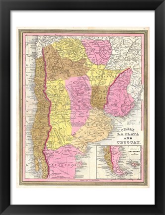 Framed 1846 Burroughs - Mitchell Map of Argentina, Uruguay, Chili in South America Print