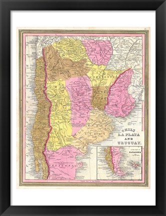 Framed 1846 Burroughs - Mitchell Map of Argentina, Uruguay, Chili in South America Print