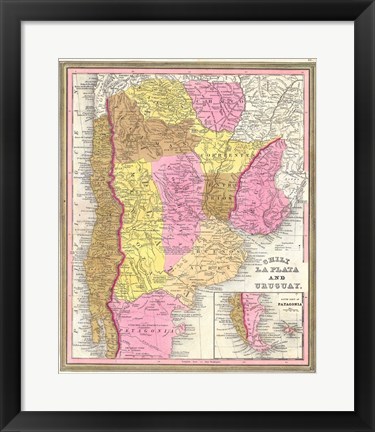 Framed 1846 Burroughs - Mitchell Map of Argentina, Uruguay, Chili in South America Print