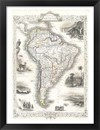 Framed 1850 Tallis Map of South America Print