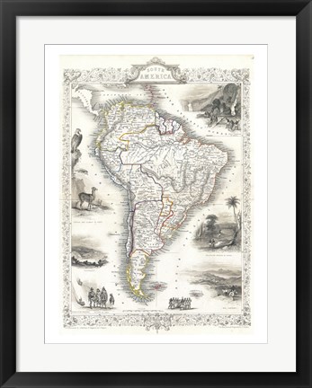 Framed 1850 Tallis Map of South America Print