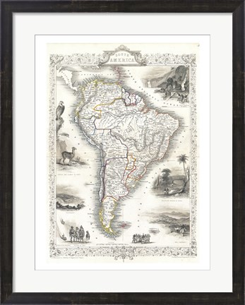 Framed 1850 Tallis Map of South America Print