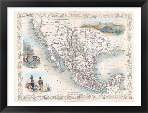 Framed 1851 Tallis Map of Mexico, Texas, and California Print